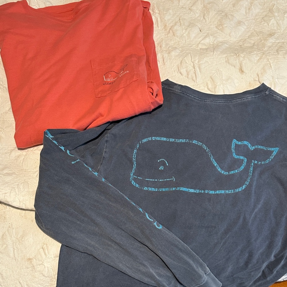 2 Vineyard Vines Long Sleeve Tees - Coral and Charcoal one small one medium